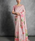 Pink color tussar silk blend lotus printed sarees