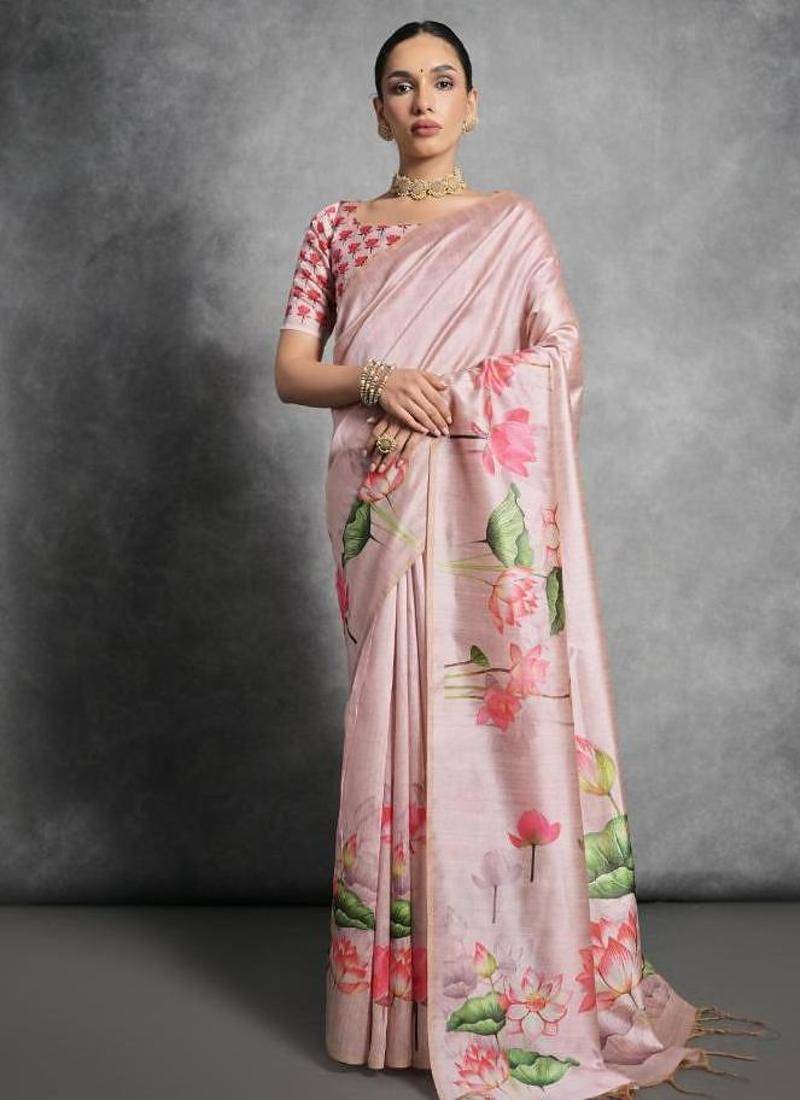 Pink color tussar silk lotus printed sarees