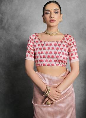 Pink color tussar silk blend lotus printed sarees 2