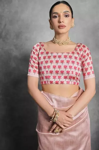 Pink color tussar silk blend lotus printed sarees