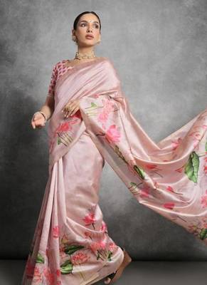 Pink color tussar silk blend lotus printed sarees 3
