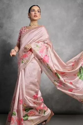 Pink color tussar silk blend lotus printed sarees