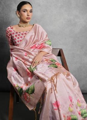 Pink color tussar silk blend lotus printed sarees 4