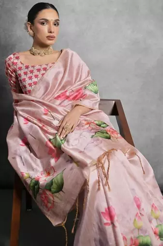 Pink color tussar silk blend lotus printed sarees