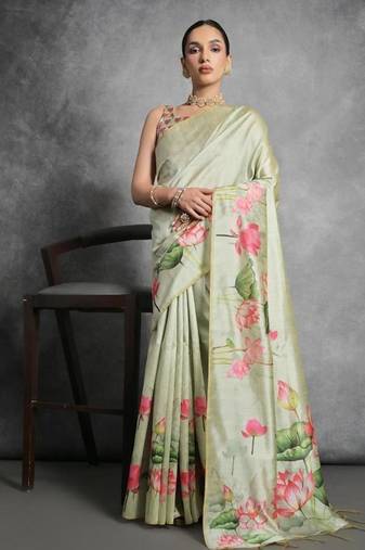 Pista color tussar silk lotus printed sarees