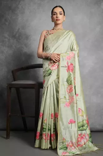 Pista color tussar silk blend lotus printed sarees