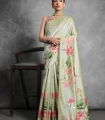 Pista color tussar silk blend lotus printed sarees