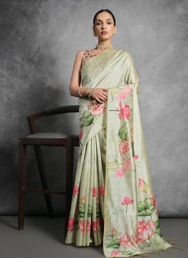Pista color tussar silk lotus printed sarees