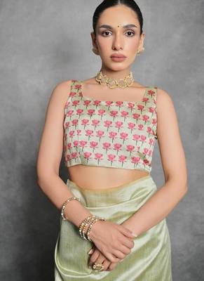 Pista color tussar silk blend lotus printed sarees 2