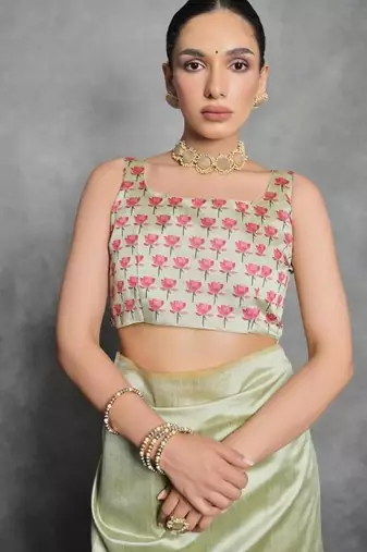 Pista color tussar silk blend lotus printed sarees