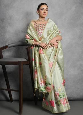 Pista color tussar silk blend lotus printed sarees 3