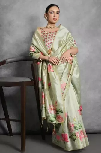 Pista color tussar silk blend lotus printed sarees