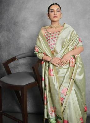 Pista color tussar silk blend lotus printed sarees 4