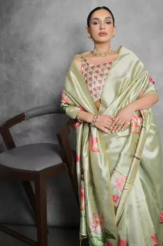 Pista color tussar silk blend lotus printed sarees