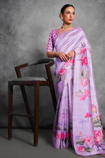 Purple color tussar silk lotus printed sarees