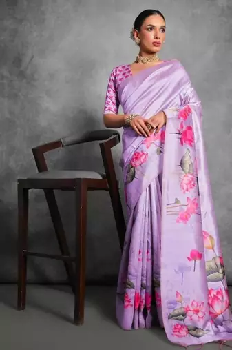 Purple color tussar silk lotus printed sarees
