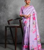 Purple color tussar silk blend lotus printed sarees