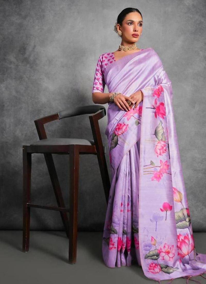 Purple color tussar silk lotus printed sarees