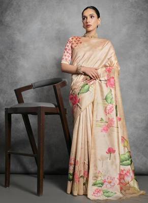 Yellow color tussar silk blend lotus printed sarees 1