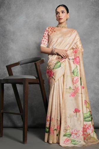 Yellow color tussar silk lotus printed sarees