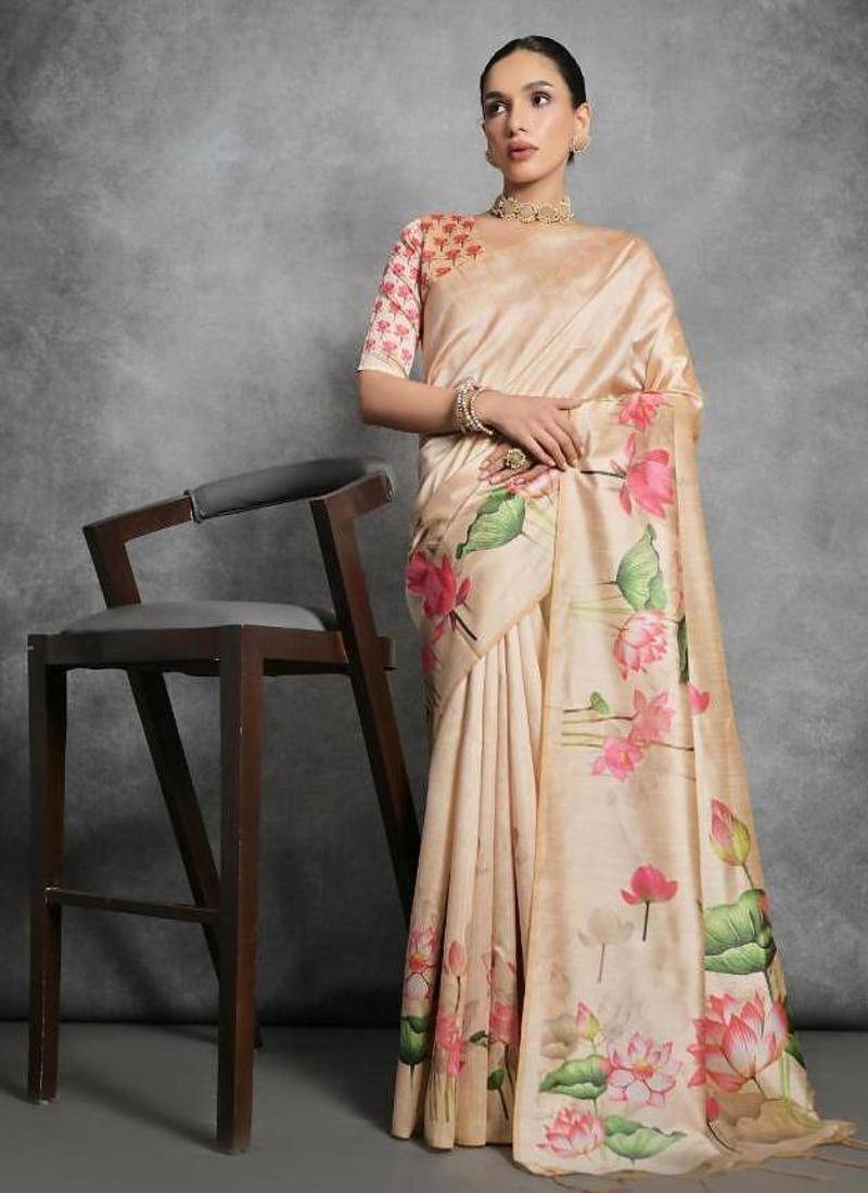 Yellow color tussar silk lotus printed sarees