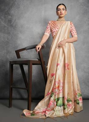 Yellow color tussar silk blend lotus printed sarees 2