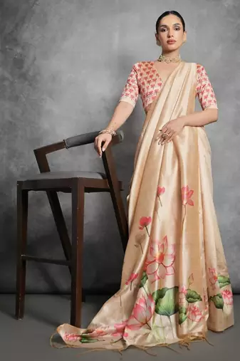 Yellow color tussar silk blend lotus printed sarees