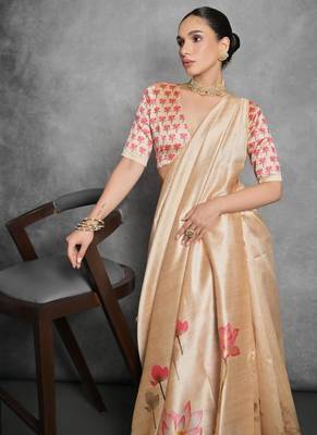 Yellow color tussar silk blend lotus printed sarees 3