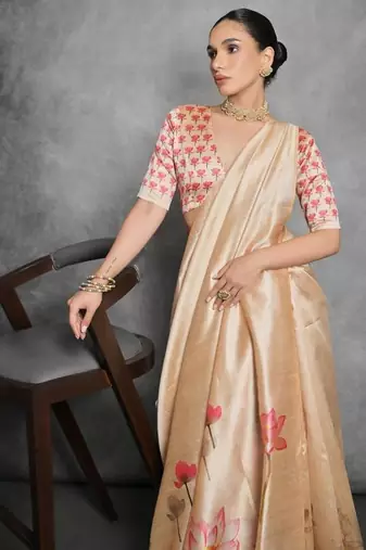 Yellow color tussar silk blend lotus printed sarees