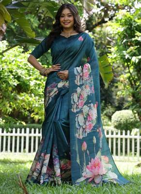 Aqua blue tussar silk blend lotus print sarees 1