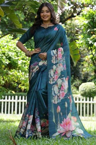 Aqua blue color tussar silk lotus print sarees
