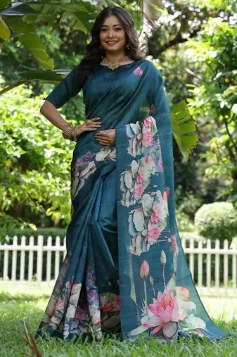 Aqua blue color tussar silk blend lotus print sarees