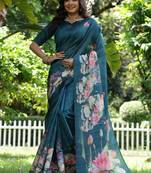 Aqua blue color tussar silk blend lotus print sarees