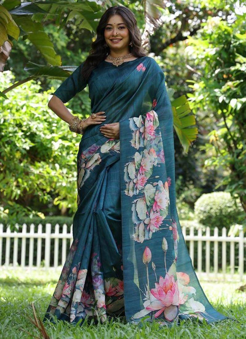 Aqua blue color tussar silk lotus print sarees