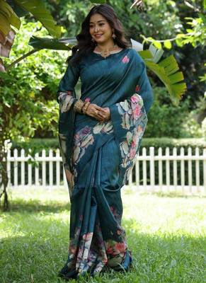 Aqua blue tussar silk blend lotus print sarees 2