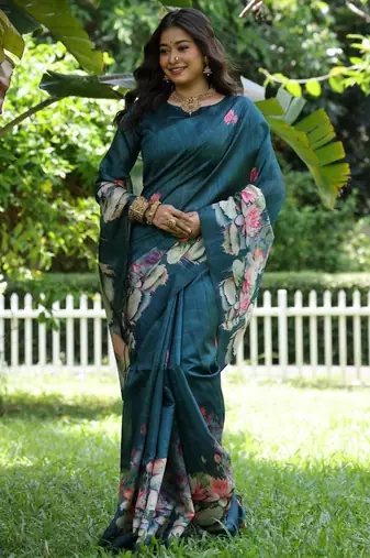 Aqua blue color tussar silk blend lotus print sarees