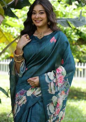 Aqua blue tussar silk blend lotus print sarees 3