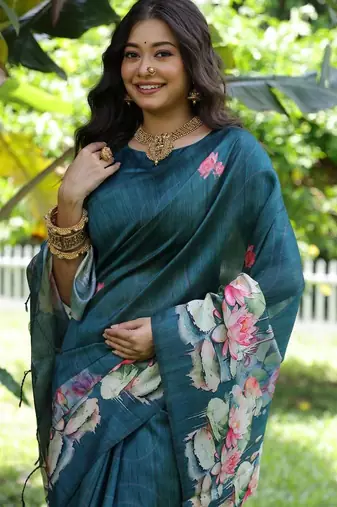 Aqua blue color tussar silk blend lotus print sarees