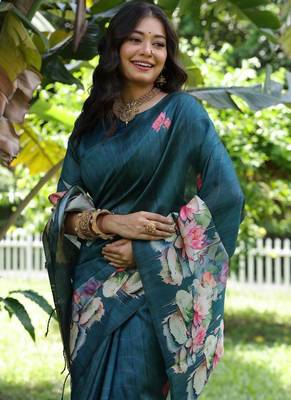 Aqua blue tussar silk blend lotus print sarees 4