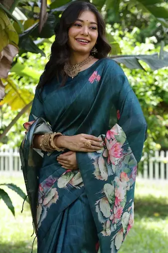 Aqua blue color tussar silk blend lotus print sarees