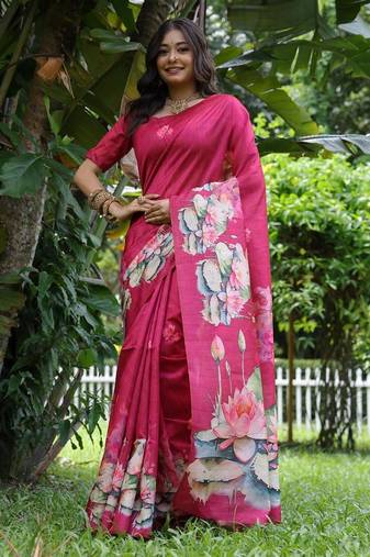 Pink color tussar silk lotus print sarees