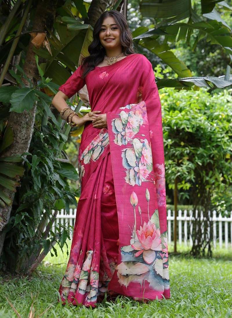 Pink color tussar silk lotus print sarees