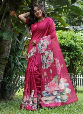 Pink color tussar silk blend lotus print sarees 2