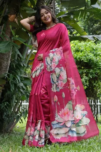 Pink color tussar silk blend lotus print sarees