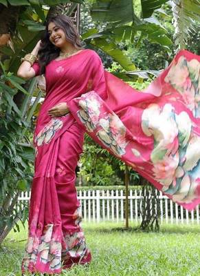 Pink color tussar silk blend lotus print sarees 3