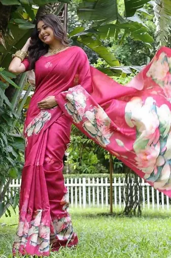 Pink color tussar silk blend lotus print sarees