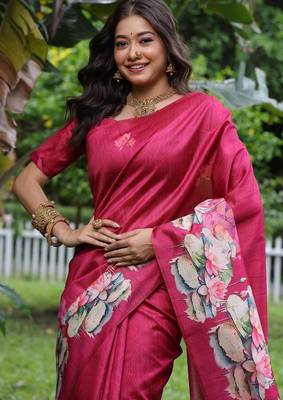 Pink color tussar silk blend lotus print sarees 4