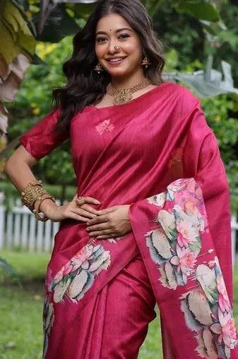 Pink color tussar silk blend lotus print sarees