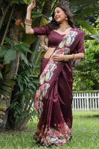 Wine color tussar silk blend lotus print sarees