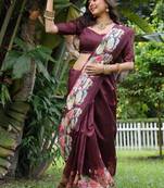 Wine color tussar silk blend lotus print sarees